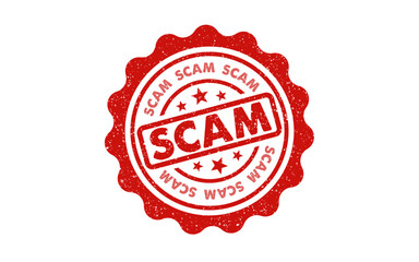 Scam red ink circle round rubber stamp deceit alert fraud illegal unlawful crime sign symbol grunge effect round seal tag badge label