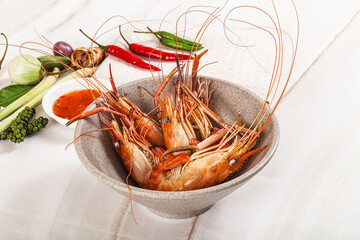 Boiled tiger prawn with sauce