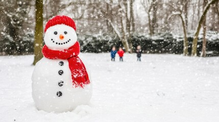 Obraz premium Snowy Day Celebration: A jovial snowman, adorned with a vibrant red hat and scarf, stands proudly amidst a flurry of snowflakes. Behind him, children frolic in the snow.