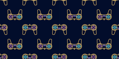 Vector neon glow game controller gamepad seamless pattern. Colored outline joystick element flat style on night dark background. Gamer device background