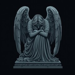 a kneeling gothic angel statue with folded wings and arms crossed in sorrow, carved in dark stone with intricate drapery
