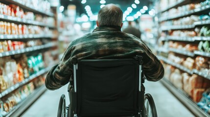 Obraz premium A poignant scene showing a man in a wheelchair navigating through a grocery store aisle, representing inclusivity and the everyday challenges and experiences of disabled individuals in public spaces.