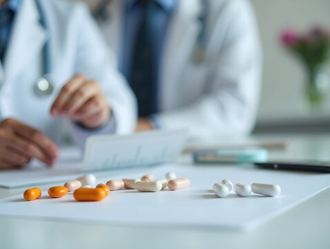 Doctor reviewing medication options with a variety of pills on the table in a clinical setting