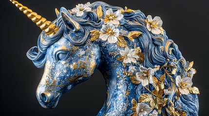 Fototapeta premium Detailed Blue And Gold Unicorn Sculpture With Floral Accents