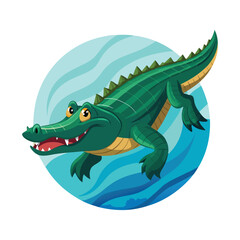 Cartoon alligator swimming in water with a circle background