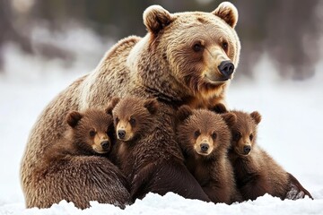 Obraz premium Mother grizzly bear caring for her four cubs in Grand Teton National Park during winter, Mother Grizzly Bear and her four cubs in Grand Teton National Park