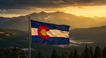 Colorado Day Sunset &ndash; State Flag Flying over Majestic Mountain Landscape