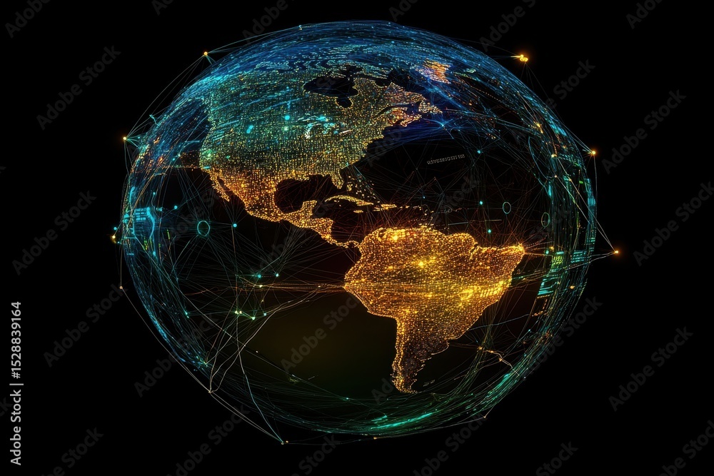 Poster digital data processing across a connected globe showcasing global networks and illuminated continen