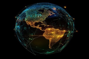 Digital data processing across a connected globe showcasing global networks and illuminated continents, digital data processing over globe with connections on black background