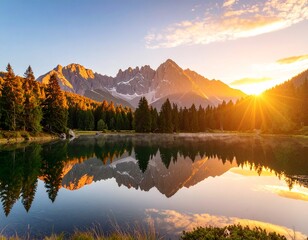 A serene landscape of a mountain lake at sunrise, photorealistic, high detail, soft golden lighting, no people, no text, high resolution