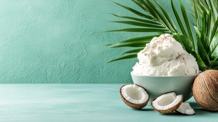 A delicious scoop of coconut ice cream served in a bowl, surrounded by lush green leaves, evoking a tropical paradise that invites you to indulge in its sweet, creamy delights.