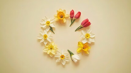 Spring flower wreath on beige backdrop