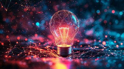 Glowing Light Bulb Surrounded by Colorful Network of Nodes Representing Innovation, Creativity, and Technology