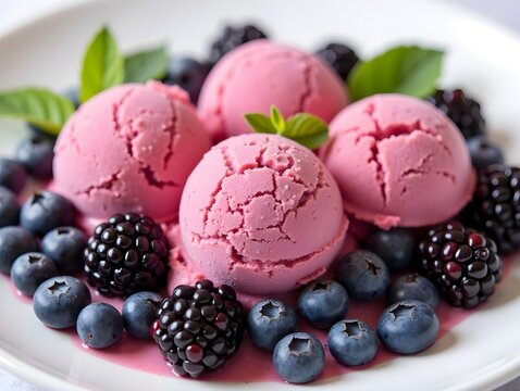 Berry ice cream with fresh fruit. Three scoops of vibrant berry ice cream are surrounded