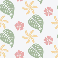 Minimal Seamless Floral Pattern with Green, Pink, and Yellow Leaves on White Background