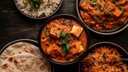 A vibrant display of Indian curry with paneer, aromatic basmati rice, and naan bread, showcasing the rich flavors, colors, and textures of traditional Indian cuisine.