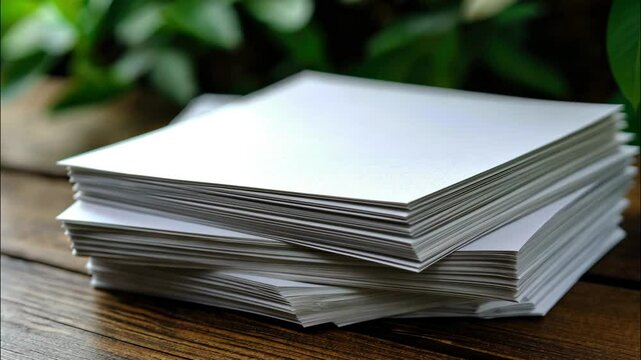 Stack of blank white paper sheets placed on a wooden table in natural light setting