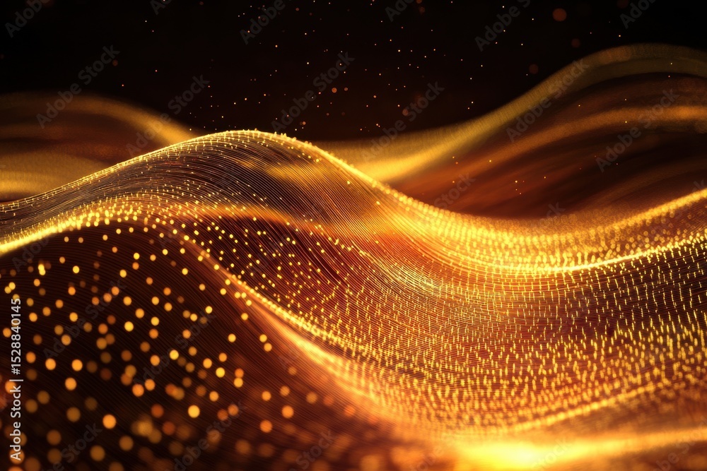 Poster fiber optic technology background reflecting light in golden tones with dynamic wave patterns, scien
