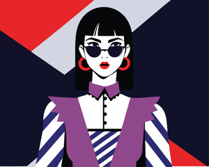 Stylized woman with patterned top and polka dot skirt