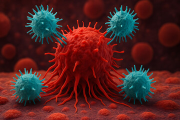 Cancer cell attacked by immune system lymphocytes, microscopic 3d illustration of red tumor cell and blue viruses, medical immunotherapy concept, oncology defense mechanism, biology science background