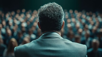 A man stands confidently at a podium, viewed from behind, as he addresses a large audience, representing leadership and influence in a professional environment.
