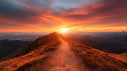 A stunning sunset beautifully illuminates the sky over a majestic mountain landscape, offering a captivating view that inspires awe and appreciation of the natural world and its serene moments.