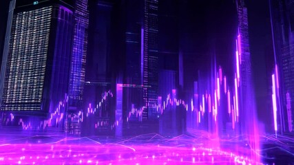 Futuristic city skyline with financial data visualizations - Powered by Adobe