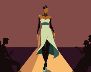 Silhouette of woman in long dress walking on orange background