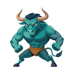 Cartoon illustration of a muscular angry teal colored bull