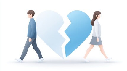 The concept of not reconciling or understanding each other. A cracked heart icon with two people walking away in opposite directions, showing emotional breakdown.