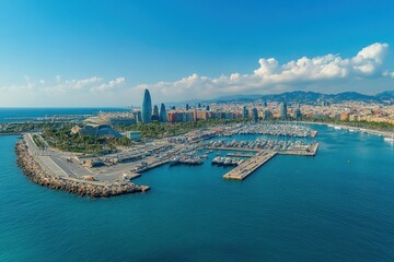 Stunning aerial view of Barcelona showcasing the vibrant cityscape and marina along the Mediterranean coast, barcelona city aerial view, europe city landscape shot by drone