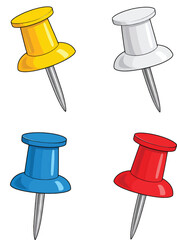 Assorted colorful pushpins and thumbtacks for office use to attach notes and memos to a board