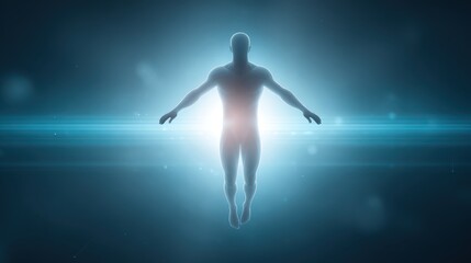 Obraz premium A person with abundant inner energy concept. A person levitating with radiant light and energy pulses surrounding them, representing high life energy.