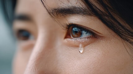 Fototapeta premium Coping with grief concept. A tear falling down a person cheek as soft light shines behind them, symbolizing strength in sadness.