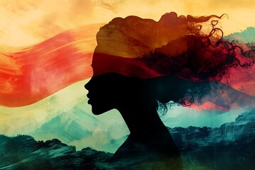 Silhouette of Woman Blended into Vibrant Abstract Background