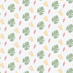 Minimal Seamless Floral Pattern with Green, Pink, and Yellow Leaves on White Background