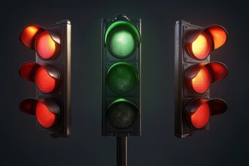 Traffic light semaphore transitions from red to green in a busy urban setting during early evening hours, Traffic light semaphore changing from red to green