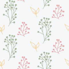 Minimal Seamless Floral Pattern with Green, Pink, and Yellow Leaves on White Background