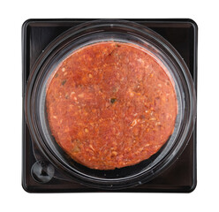 Burger patties in plastic box cut out isolated transparent background