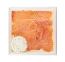 Smoked salmon in plastic box with clear lid, top view cut out isolated transparent background