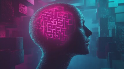 
Stylized subconscious mind concept with a glowing intricate maze, symbolizing complex thought and digital intelligence