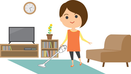 リビングの掃除をしている女性のイメージイラスト