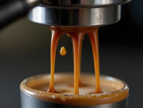 An ultra-detailed close-up of espresso being extracted from a professional portafilter. Multiple silky coffee streams flow smoothly downward, forming rich brown drops filled with crema.