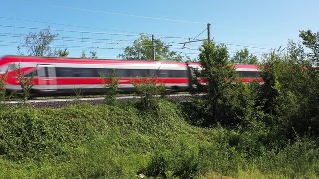 The high-speed train crosses the Italian countryside, its sleek red silhouette standing out against the green trees and bushes.