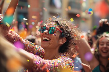 Vibrant Street Festival Featuring Women Dancing in Joyful Celebration