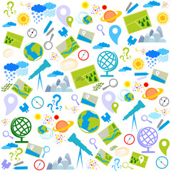 Geography symbols seamless pattern. Equipments for web banners background.  Education concept. Back to school background. Set of geography symbols. Cartoon illustration for school subject design. 