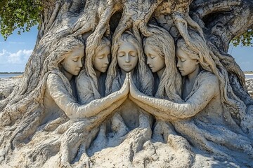 Tree with Roots Forming Women Holding Hands Unity Through Nature