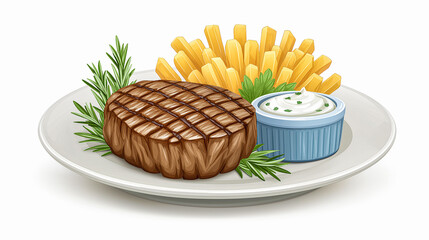 Griddle Steak with Side: The centerpiece of the plate is a juicy, griddle-marked steak. Alongside, a pile of golden-brown fries and a ramekin of creamy sauce complete the dish. The scene is set.