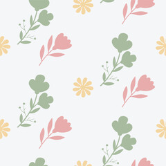 Minimal Seamless Floral Pattern with Green, Pink, and Yellow Leaves on White Background