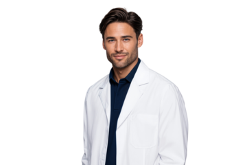 Confident young male scientist in a white lab coat looking at camera. Professional portrait for medical, scientific, or academic use. Isolated on transparent background
